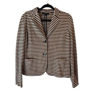 Talbots Navy & Tan stripped blazer as L stretchy preppy Career nautical